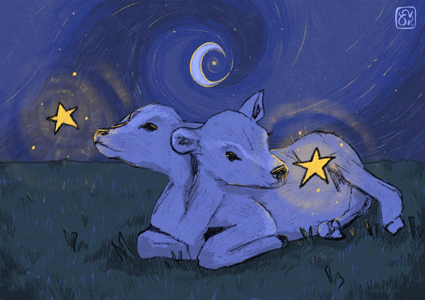 Unique Dark Blue Navy Two Headed Calf Print, Digital Drawing A4