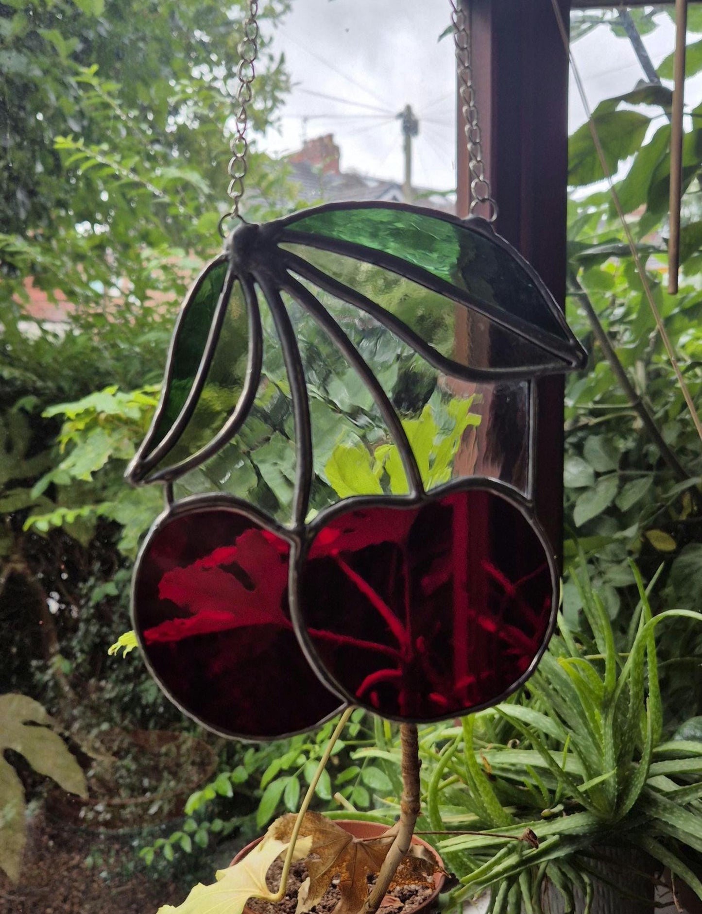 Cherry Suncatcher, Handmade, Stained Glass Hanging Piece