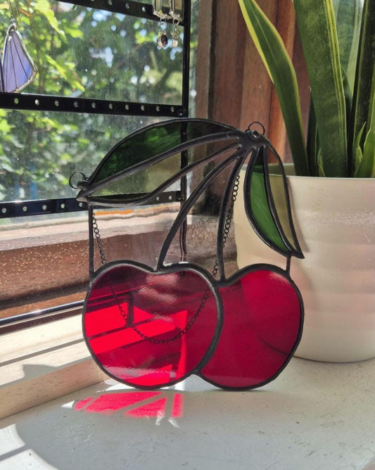 Cherry Suncatcher, Handmade, Stained Glass Hanging Piece