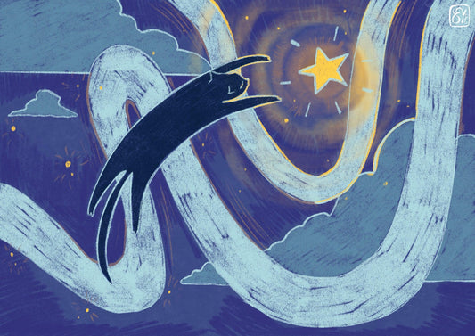 Dark Blue Navy Cat Playing In The Stars Print, Digital Drawing A4