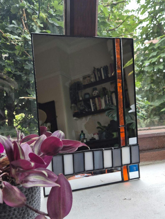 Handmade Stained Glass Mirror, Orange, Grey & White Checkerboard Art Deco, 70s Style Mirror