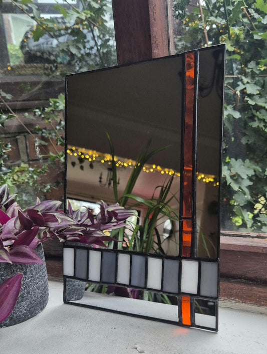 Handmade Stained Glass Mirror, Orange, Grey & White Checkerboard Art Deco, 70s Style Mirror
