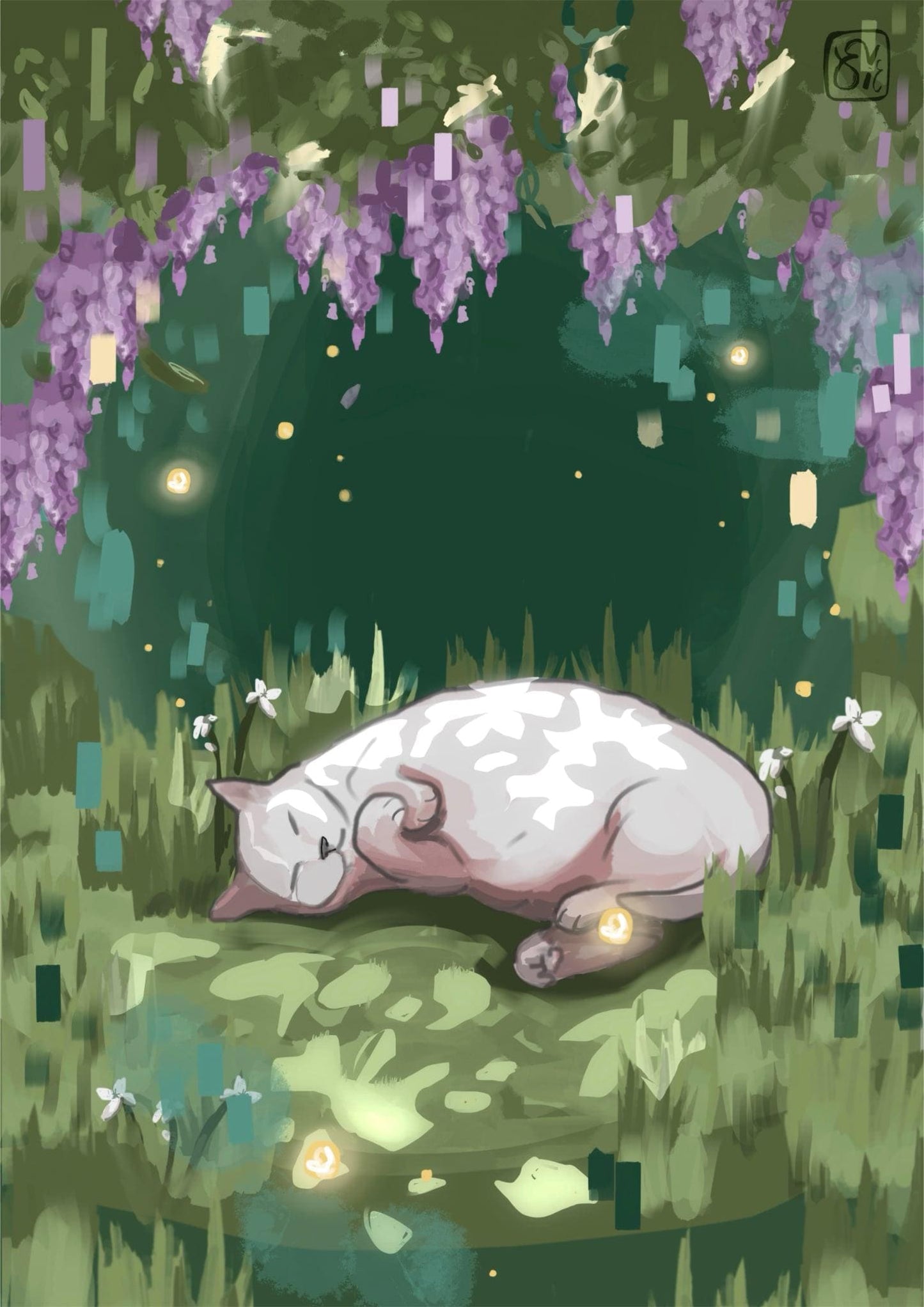 Green Sleeping Cat Meadow Print, Digital Drawing A4
