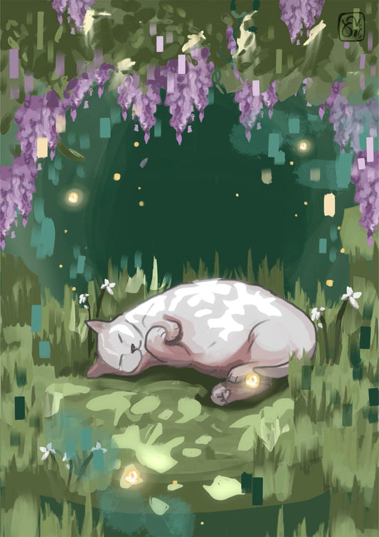 Green Sleeping Cat Meadow Print, Digital Drawing A4