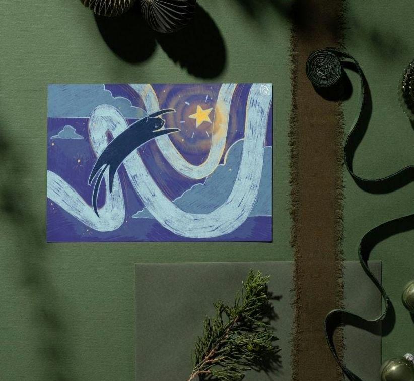 Dark Blue Navy Cat Playing In The Stars Print, Digital Drawing A4