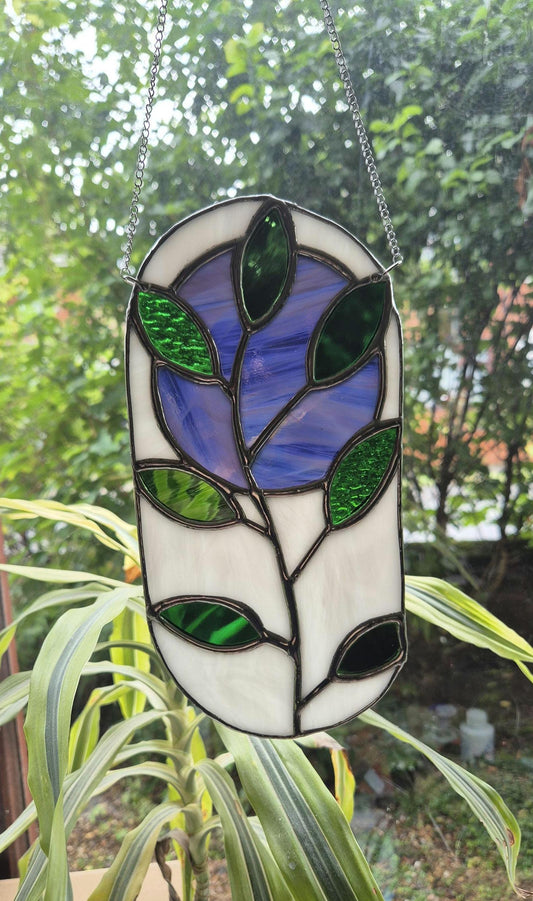 Stained Glass Abstract Oval Leaf Pattern Hanging Panel, Green, Purple & White Stained Glass