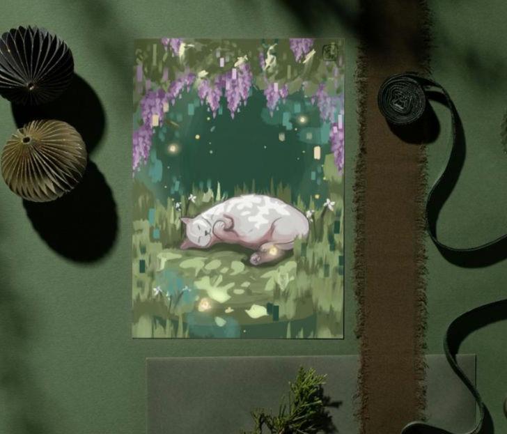 Green Sleeping Cat Meadow Print, Digital Drawing A4