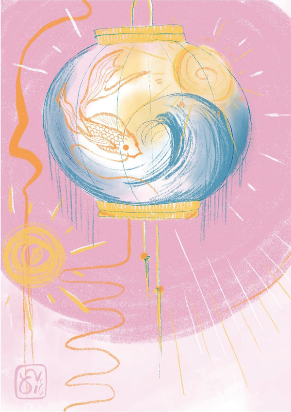 Pink Lantern Drawing Print With Fish Detail, A4