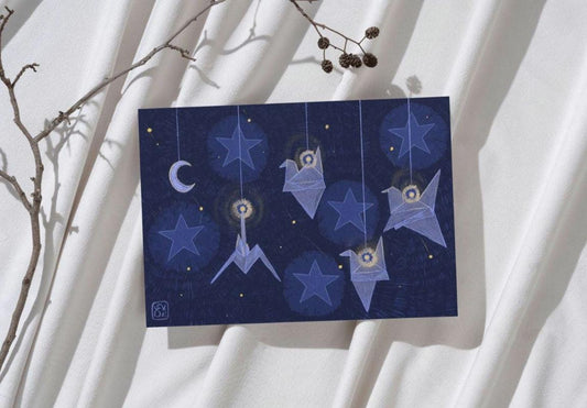 Dark Blue Navy Starry Origami Crane Print, Digital Drawing A4